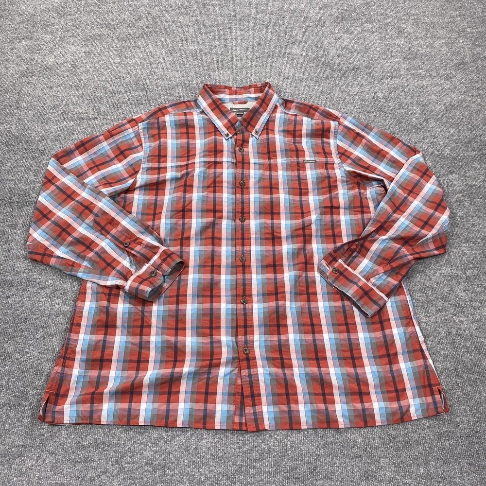 Eddie Bauer Shirt Mens 2XL Red Plaid Long Sleeve Button Up Casual Hiking Outdoor